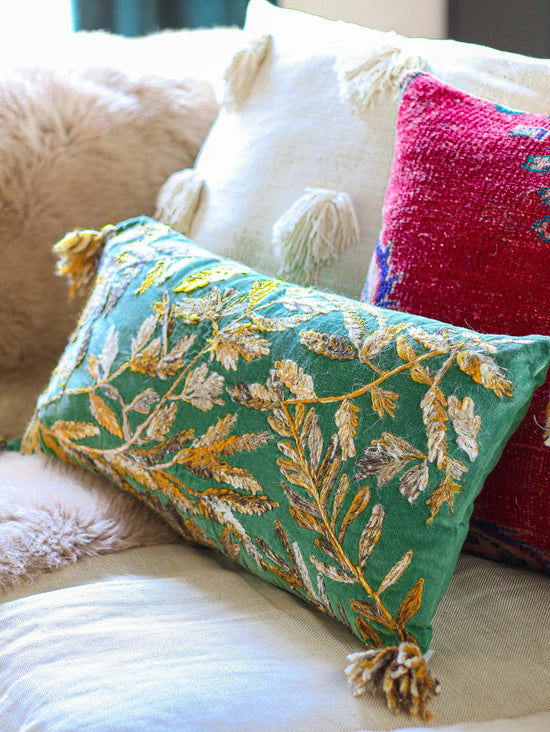 Embroidered Leaves Lumbar Pillow | 24" x 12"