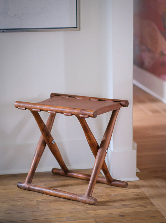 Load image into Gallery viewer, Rustic Charm Acacia Wood and Leather Folding Stool
