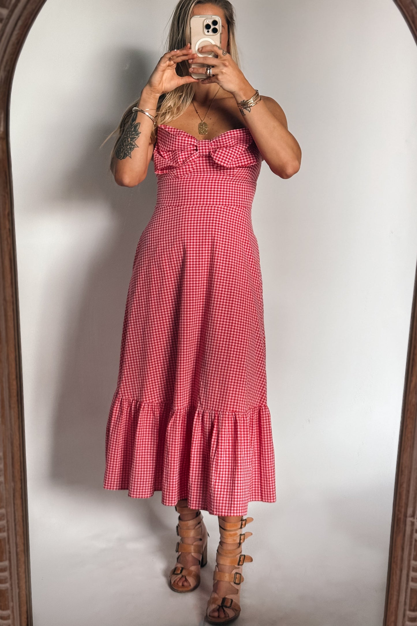 Bow Gingham Midi Dress | Red Bow Gingham Midi Dress | Red