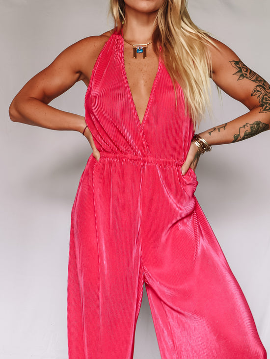 Load image into Gallery viewer, Fuchsia Halter Neck Jumpsuit
