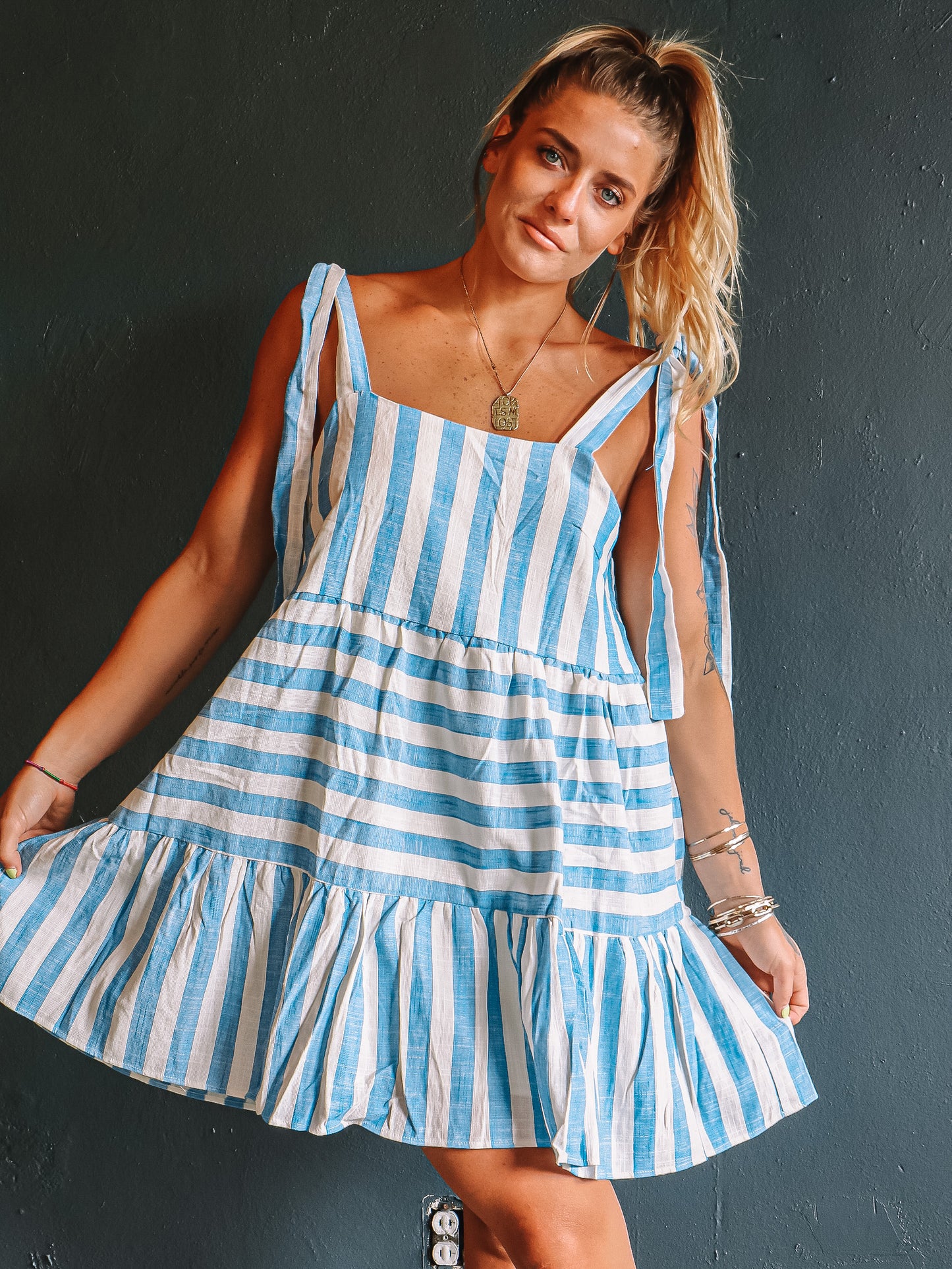 Load image into Gallery viewer, Stripe Denim &amp;amp; Cream Sun Dress
