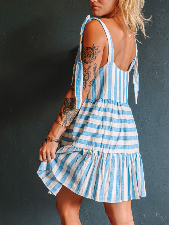 Load image into Gallery viewer, Stripe Denim &amp;amp; Cream Sun Dress
