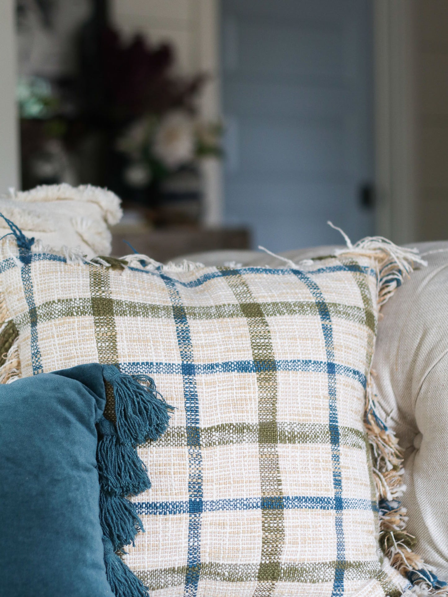 Natural Plaid and Fringe Pillow | 18" x 18"