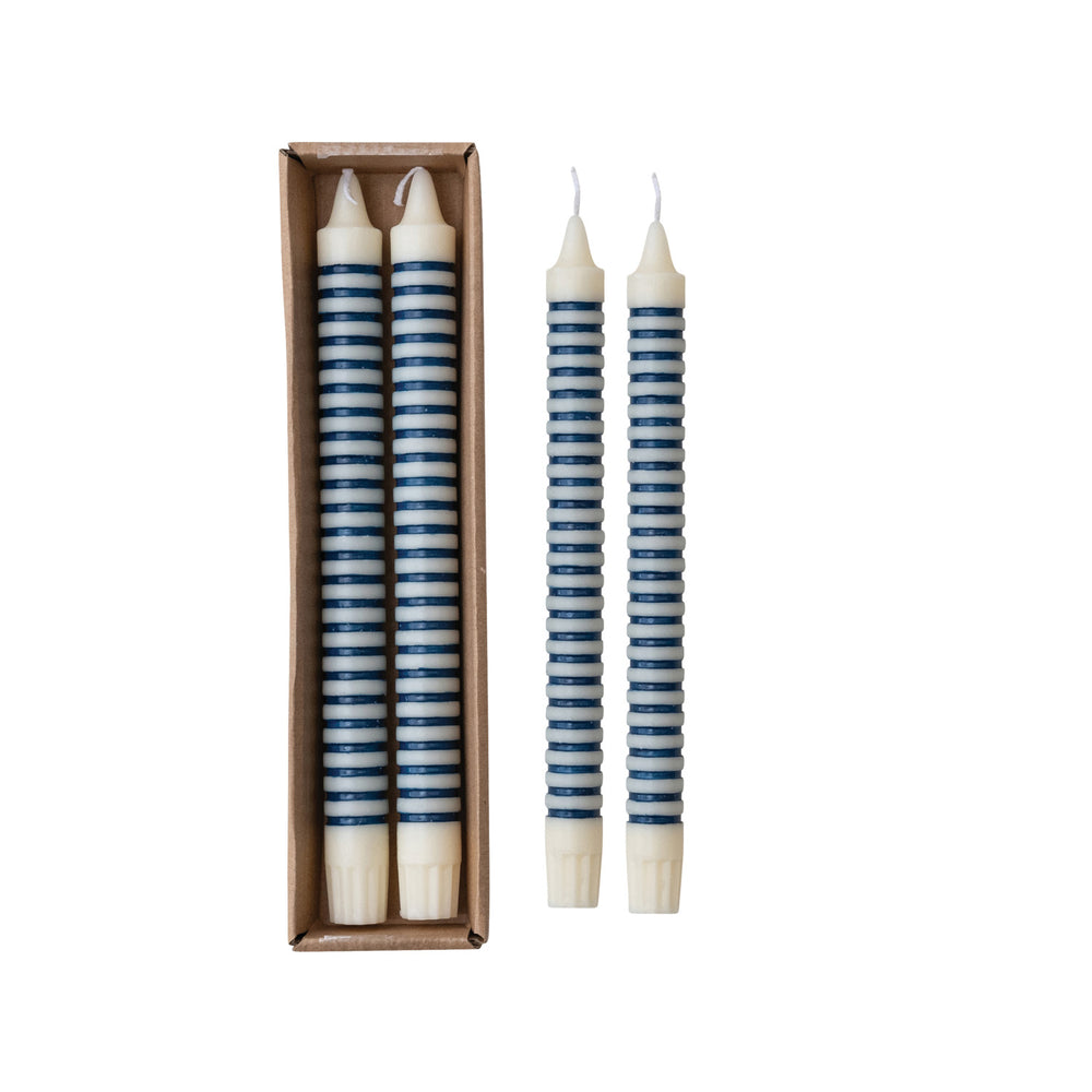
                  
                    Unscented Striped Taper Candles in Box, Blue, Set of 2 (Est. Burn Time 6 Hours)
                  
                
