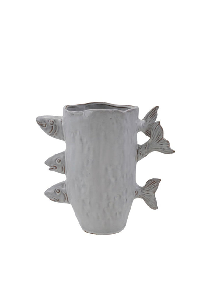 
                  
                    Stoneware Vase w/ 3D Fish, Reactive Glaze, White (Each One Will Vary)
                  
                