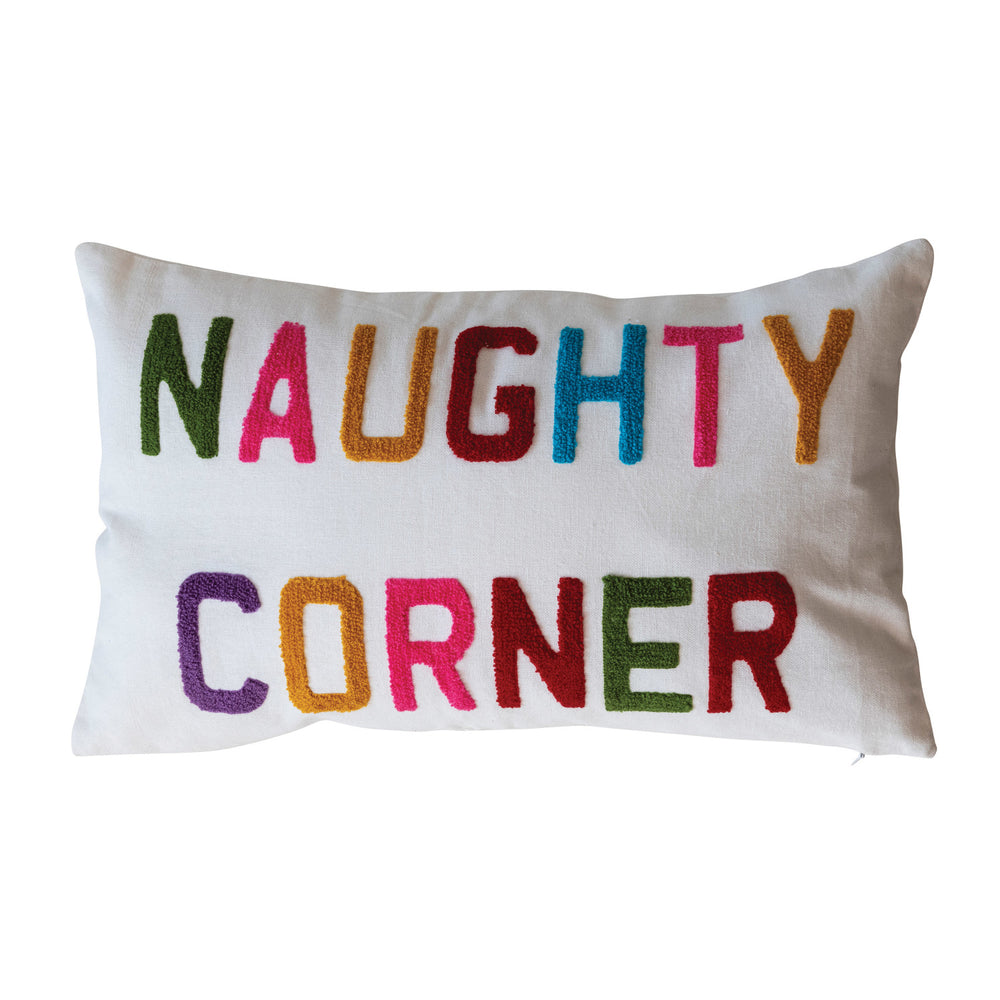 20"L x 12"H Cotton Slub Lumbar Pillow w/ Tufting "Naughty Corner", Multi Color