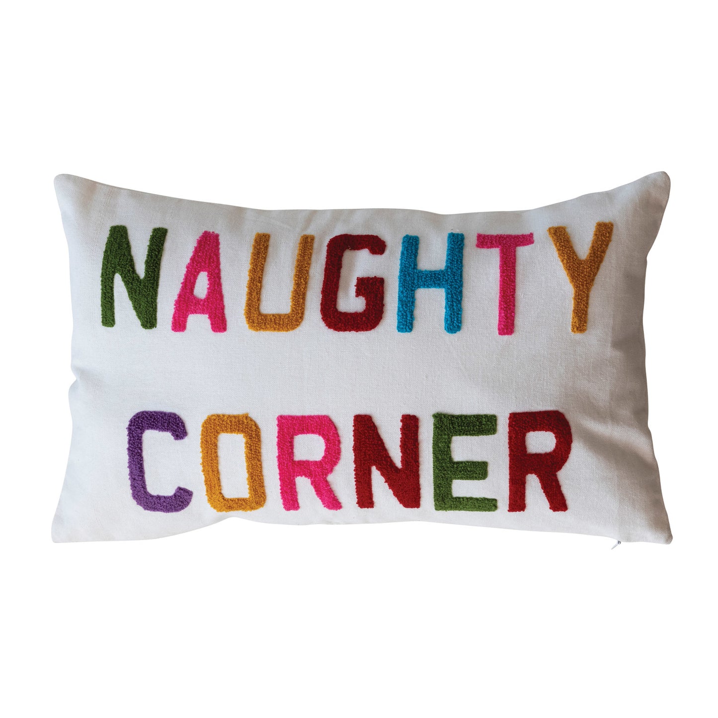 20"L x 12"H Cotton Slub Lumbar Pillow w/ Tufting "Naughty Corner", Multi Color