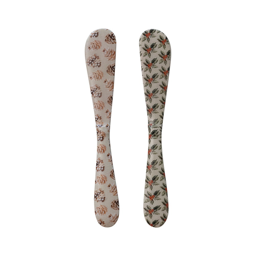 Enameled Stainless Steel Canape Knife w/ Pinecone/Holly Pattern, 2 Styles