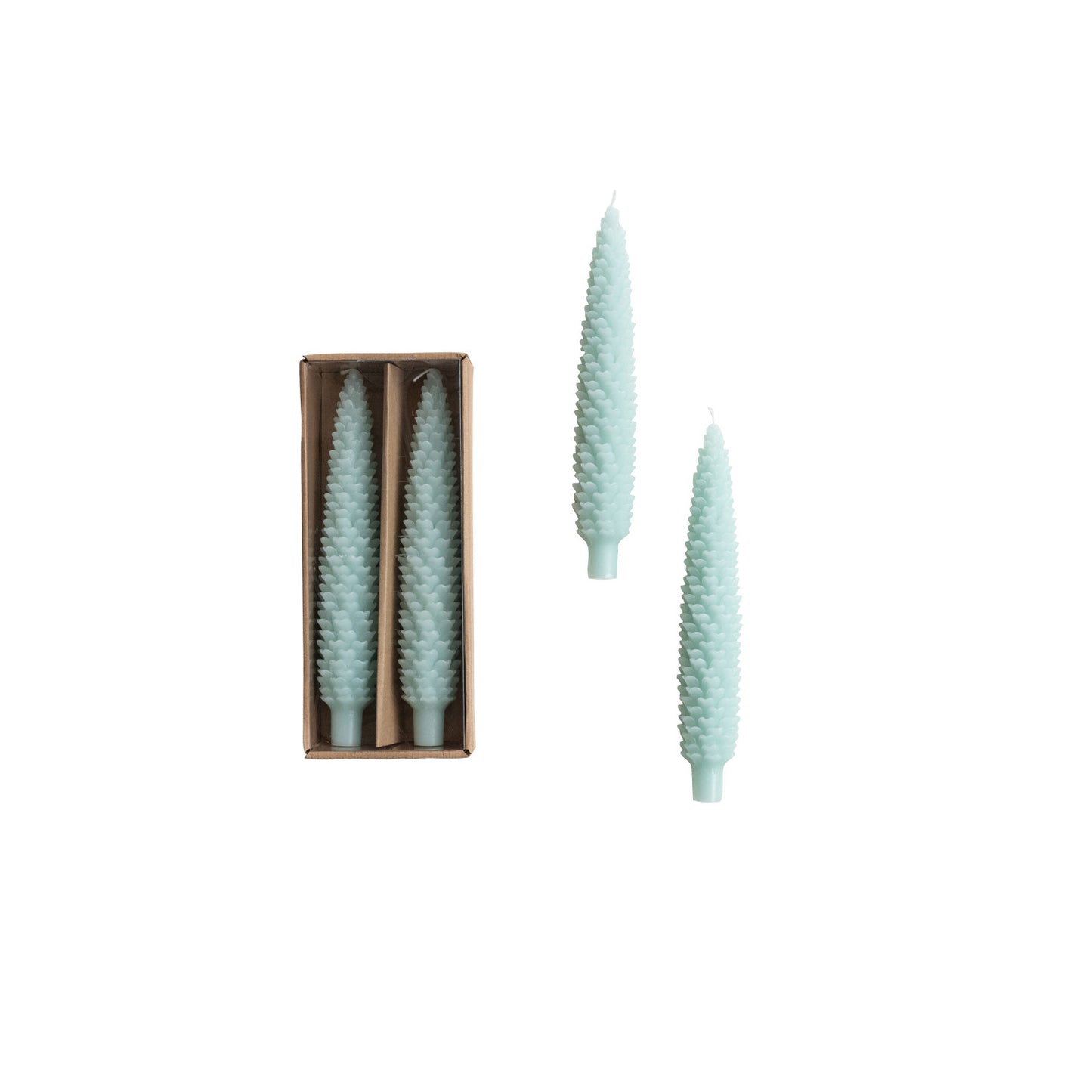 Unscented Pinecone Shaped Taper Candles in Box, Mint Blue, Set of 2
