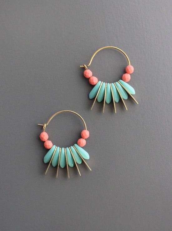 Load image into Gallery viewer, Turquoise &amp;amp; Coral Glass Earrings

