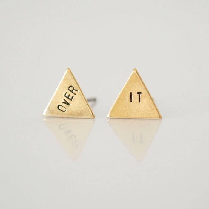 Over It, hand stamped triangle earrings