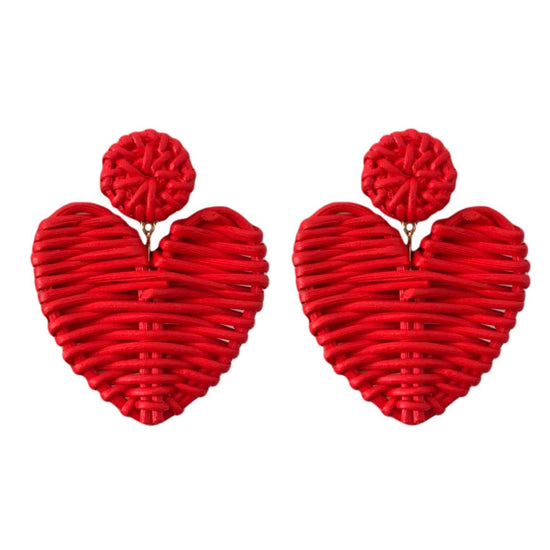 Red Rattan Heart Earrings