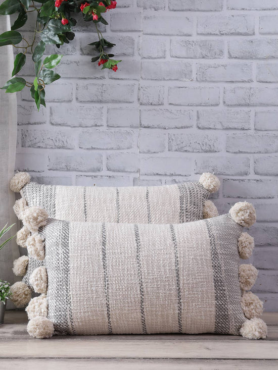 Load image into Gallery viewer, Ivory &amp;amp; Grey Pom Pom Cotton Pillow | 12&amp;quot; x 20&amp;quot;
