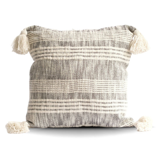 Striped Charcoal and Cream Cotton Pillow with Tassels | 18"