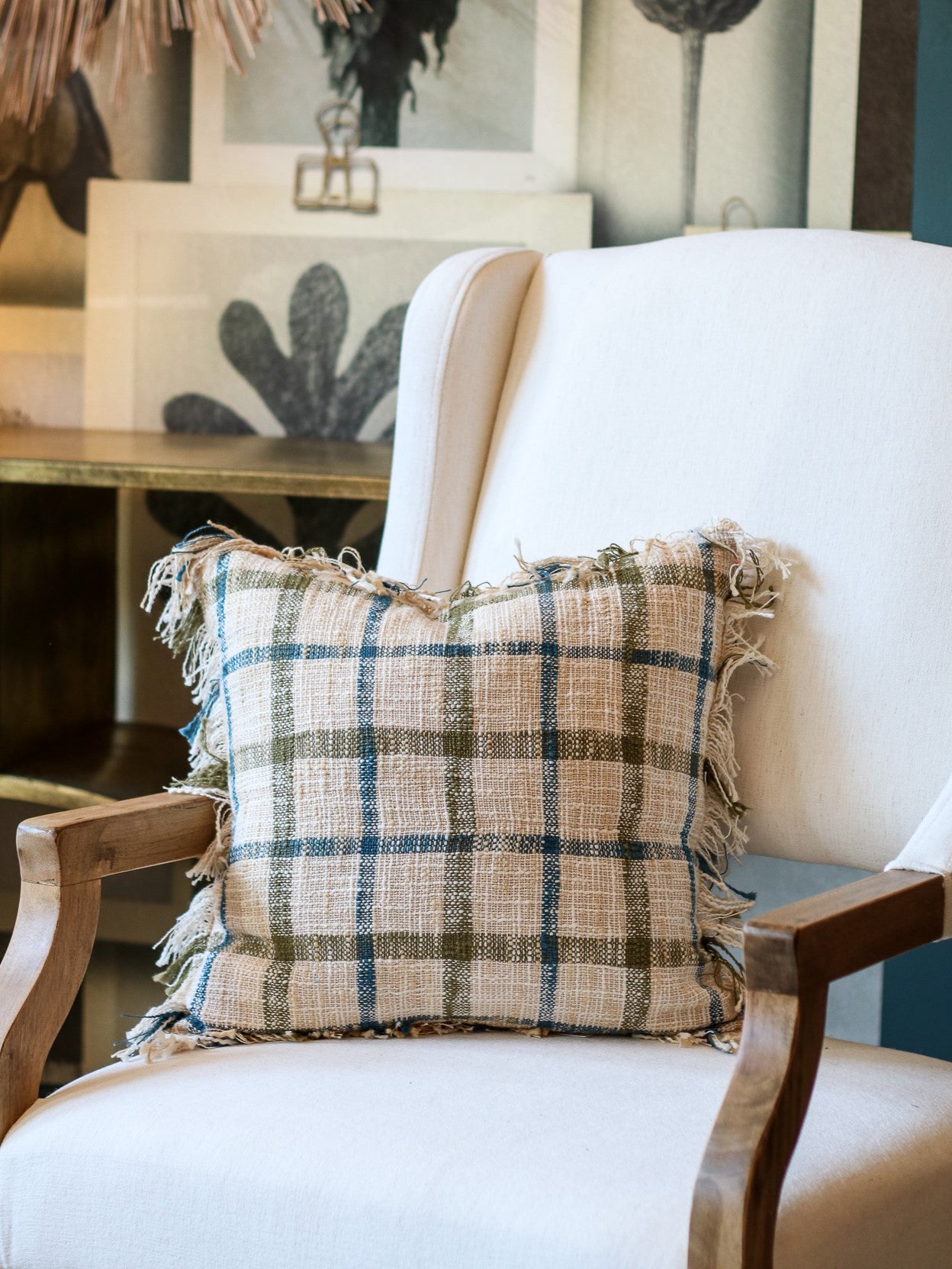 Natural Plaid and Fringe Pillow | 18" x 18"
