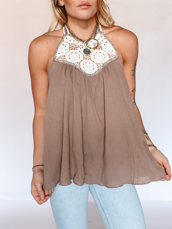 Load image into Gallery viewer, Crochet Detail Halter Tank
