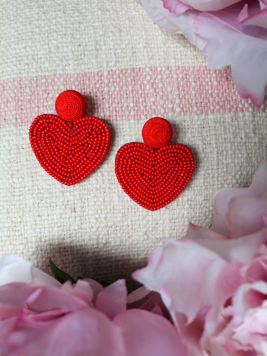Load image into Gallery viewer, Red Beaded Heart Earrings
