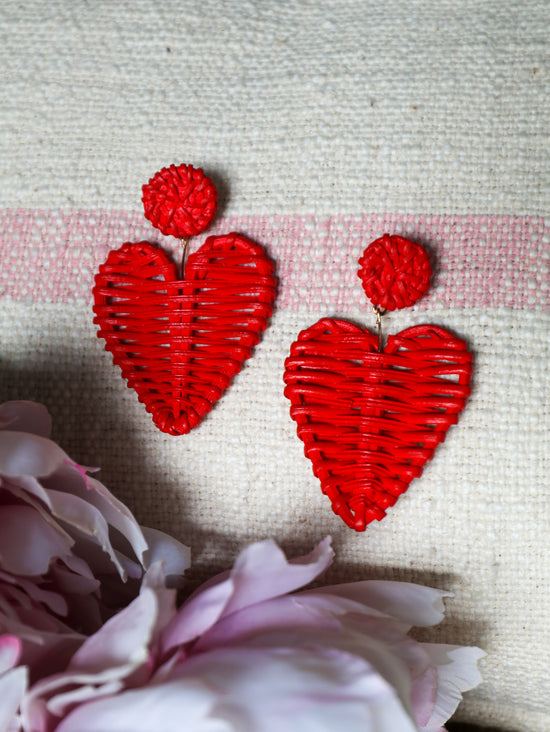 Red Rattan Heart Earrings